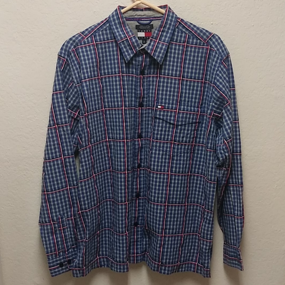 VTG Tommy Jeans L Logo Blue Plaid Button Shirt